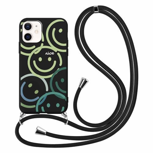 Xylota Handykette Handyhülle für iPhone 11 6,1 Hülle mit Band, Niedliches Muster Smiley Case mit Kordel zum Umhängen, Weich TPU Dünn Silikon Stoßfest Schutzhülle Cover für iPhone 11, Schwarz