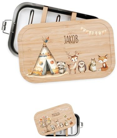 Bärenfreunde® - Personalisierte Brotdose für Kinder mit Spezial-Druck - Robuste Edelstahl Brotdose - Personalisierte Geschenke für Kinder & Erwachsene (Zelt Tiere,GROSS Edelstahl)