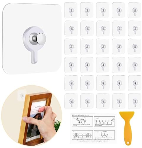 30PCS Ganchos Para Cuadros Autoadhesivos Transparente, Ganchos Adhesivos Potentes, Impermeable Pegar Cuadros Sin Clavos Pared, Ganchos Adhesivos Para Vidrio Marcos Espejos (5kg)