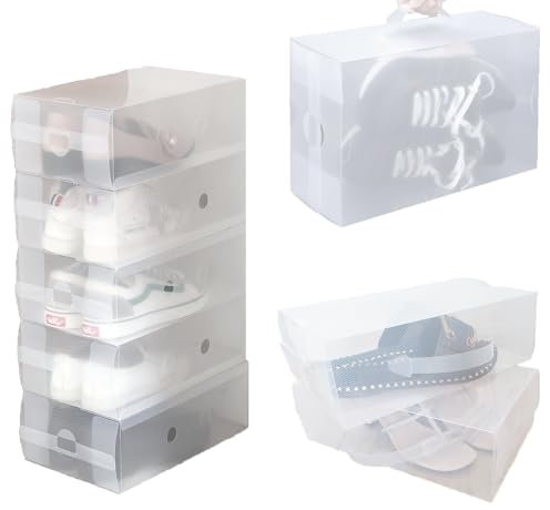 KERDEETE 20 Pack Clear Plastic Shoe Storage Boxes, 30x18x10cm, Stackable, Foldable Shoe Organiser Box with Handle for Closet/Hallway/Under Bed