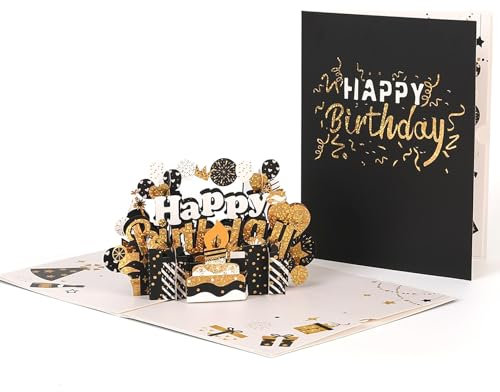 Koboko Geburtstagskarte, 3D Pop Up Karten, Schwarz Gold Geburtstagskarte, Geburtstag Geschenke, Pop Up Geburtstagskarten mit Umschlag, Happy Birthday Karten für Kinder, Männer, Frauen und Freunde