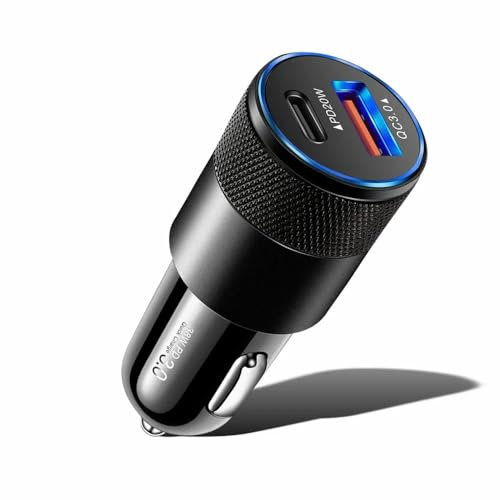 38W USB-C Car Charger, Dual Port PD 20W/QC3.0 Fast Charging Cigarette Lighter Adapter with LED, Compatible with iPhone 15/14 Pro Max, Samsung Galaxy S23/S22, and More