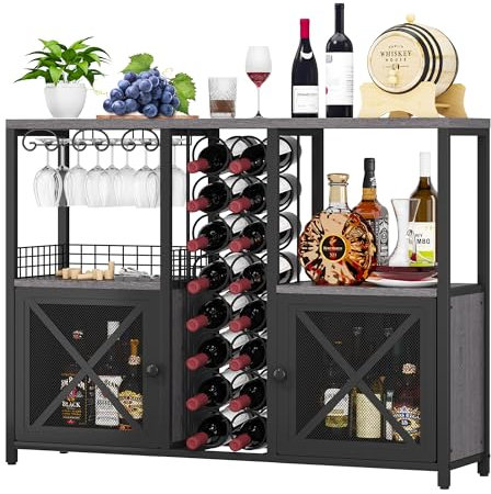 Homeiju Mini-Bars für Zuhause, Kaffee-Barschrank, moderner Likörschrank für Likör und Gläser, Bauernhaus-Buffet-Weinbarschrank mit Stauraum, Sideboard für Zuhause, Küche, Esszimmer (Dunkelgrau)