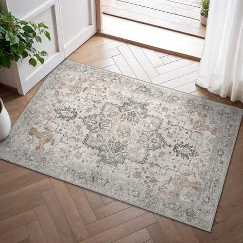 GENIMO Fußmatte Innen 60x90cm, Vintage Teppich, Waschbare Teppiche, Boho Teppich, Klein Carpet mit Rutschfester Rückseite für Eingang, Flur und Korridor, Beige