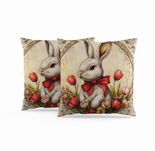 ggaimwf Kissenbezug Kaninchen 45x45cm Vintage Hase Tulpenblume Sofakissen Barock Frühlingskissenbezug Leinenoptik Doppelseitig Kinderkissen Osterdekoration Sofa Bett Kinderzimmer Outdoor 2er-Set