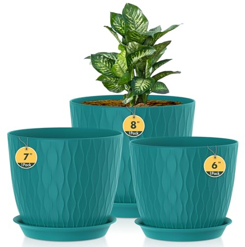 Homeuouz 3 Packs Blumentopf mit Bewässerungssystem, 20.3cm/17.8cm/15.2cm Pflanzentopf mit Bewässerungssystem, Übertopf mit Untersetzer, Blumentöpfe Set Ideal für Innen und Balkongärten,Dunkelgrün