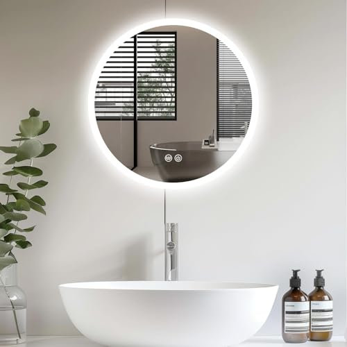 CROWNSHOP Bathroom Mirror with LED Lights, 50cm Round Illuminated Wall Mounted Makeup Mirrors with Touch Sensor Switch & Anti-Fog, 3 Lighting Modes, Dimming, Vanity Mirror