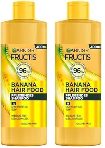 Garnier Fructis Bananen Shampoo, Für strapaziertes Haar, Sanfte Reinigung mit leichtem Schaum, Für mehr Geschmeidigkeit und gepflegtes Haar, Vegane Formel, Ohne Parabene, Hair Food, 3in1, 400ml