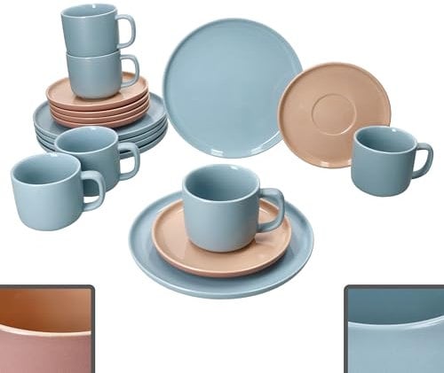 Ritzenhoff & Breker Jasper Duo 18tlg Kaffeeservice Graublau & Puder I Steingut-Set für 6 Personen I Je 6X Teetassen 170ml, Höhe 7cm, Untertassen & Kuchenteller I Geschirr für Frühstück & Kaffee