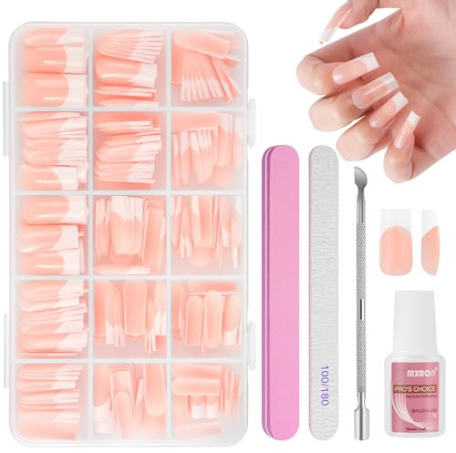 BUTBU Uñas Postizas Francesas Cortas, 240 Piezas Uñas Cuadrado Mediano, 15 Tamaños Nail Kit de Tips Uñas Gel con Pegamento, con Empujador de Cutícula Lima Uñas, para Salones Uñas, Manicuras DIY