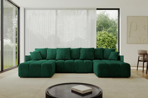 ALTDECOR Ecksofa in U-Form mit Schlaffunktion und Bettkasten Corner Sofa Bett Eckcouch Couch L-Form Schlafcouch Ausziehbar Wohnlandschaft Schlafsofa Cauchsofa LONLI-U 355x189x68 Dunkelgrün
