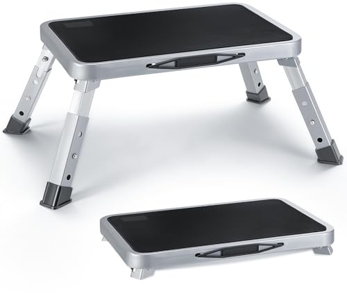 Sgabello Pieghevole in Acciaio, Sgabello Pieghevole Portatile con Scalino Antiscivolo Gomma Spessa, Portante 150 kg, Scaletta Pieghevole 3 Gradini per Camper, Cucina, Ufficio