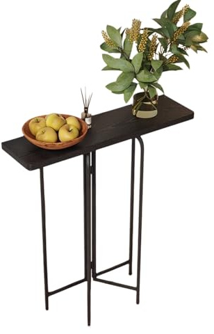 Table console moderne de 60 x 120 cm, cadre en métal noir et bords arrondis, table d'entrée fine, table d'appoint élégante de salon, console en bois (noir, 80 x 22 x 90 cm)