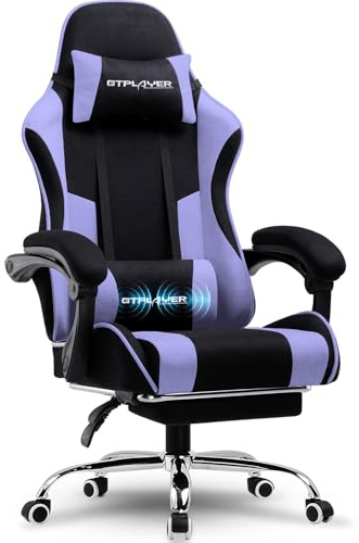 GTPLAYER Gaming Stuhl, Bürostuhl, Ergonomischer Pc Stuhl, Gaming Sessel mit Massagelendenwirbelstütze, Task Stühle mit Fußstütze und Kopfstütze, Lila Stoff