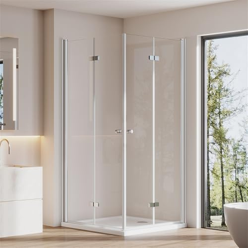 Cozynest Duschkabine Eckeinstieg 90x90x185cm Eckdusche mit Duschtasse | Doppelte Faltbare Duschtür Dusche mit 6mm ESG Sicherheitsglas Hebe-Senk-Mechanismus Platzsparende