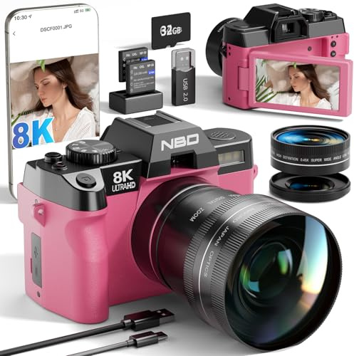 NBD Fotocamere digitali 8K 64MP per fotografia con zoom 16X, fotocamera 2026 con messa a fuoco automatica aggiornata per vlogging con schermo flip a 180°, fotocamere digitali con 2 batterie, scheda da