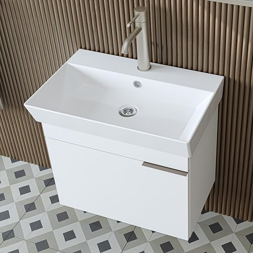 ROOMART Badmöbel LYCIA 60 cm – Waschbeckenunterschrank mit Keramik-Waschbecken – Waschtischunterschrank für Badezimmer – Modernes Badmöbel mit Stauraum – 4 Farben (Weiß)