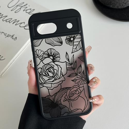 XIZYO Aesthetic Rose Flower Case for Google Pixel 8a, Black | Cute Rose Floral Pattern, Translucent Frosted Touch, Luxury Women Girly Design, Soft TPU, Slim Thin, Shockproof Anti-Yellow