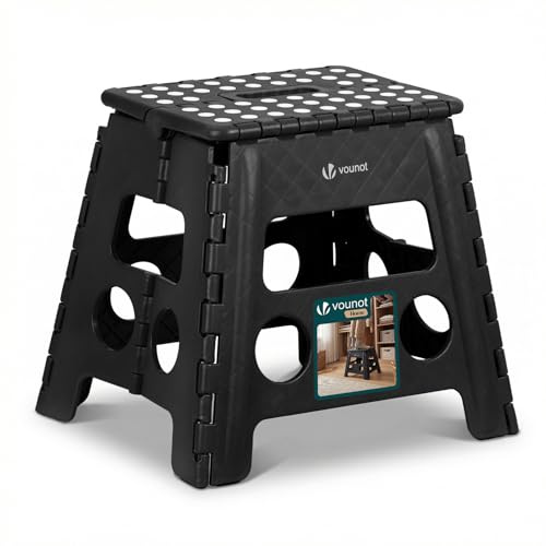 VOUNOT® Klapphocker Faltbar Rutschfester Tritthocker mit Tragegriff, Tragbarer Klapptritt Hocker für Badezimmer Küche Garten und Camping, 37 x 30 x 32,5 cm Schwarz