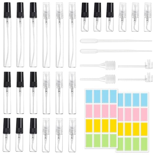DBTW 24 Mini Glass Perfume Bottles, 2/3/5/10ml Refillable Atomiser Sprayer | Portable Empty Containers in Black and White with Fine Mist Output, Ideal for Travel, Handbag Carry and Fragrance Samples