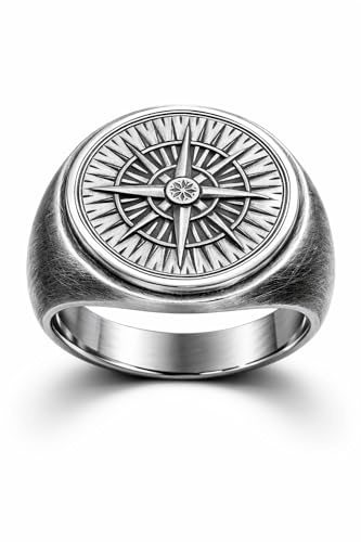 WINDROSE Bague en argent sterling 925 pour homme – Bague en argent frappant avec symbole rose des vents – Bague de déclaration massive pour hommes, expression d'orientation, de force et de