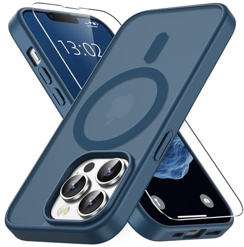 Vansdon Magnétique Coque pour iPhone 13 Pro Max avec 1 Verre Trempé | Bleu Foncé, Compatible avec MagSafe, Protection Contre Les Chutes de qualité Militaire, Coque Mat Translucide Fine Antichoc