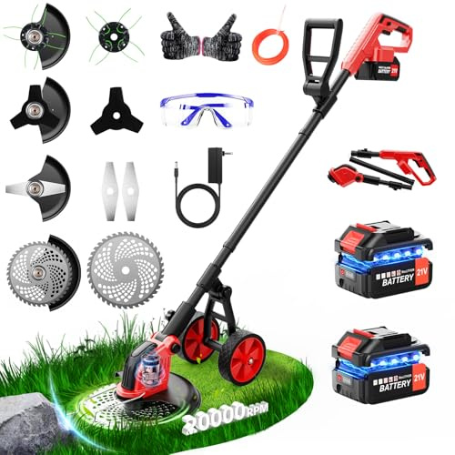Lacoco 12 Pouces Débroussailleuse à Batterie Debroussailleuse Électrique sans Fil 850W avec 2 * 3.0Ah Batteries 4 Types de Lames Roues Réglable Coupe Bordure Coupe-Herbe à Gazon pour Pelouse Jardin
