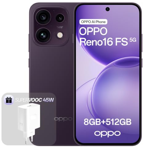 OPPO Reno16 FS 5G Unlocked Smartphone, 8+512GB, 50MP Ultra-Weitwinkel Selfie Kamera, KI Remix Collage, 4K Auto-Ausrichtung Video, 6.57 120Hz Display, Twilight Violet(mit 45W SUPERVOOC Ladegerät)