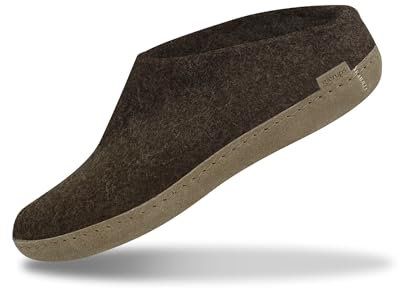 GLERUPS Slip On Hausschuhe Damen und Herren (Größe 10.5) | Braun Unisex Slipper aus Wolle mit Ledersohle
