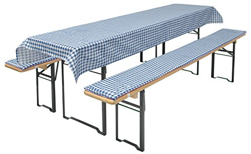 Brandsseller Auflagenset für Bierzeltgarnituren 3-teilig 2 Bankauflagen gepolstert 220x25 cm und 1 Tischdecke 240x90 cm für alle gängigen Festzeltgarnituren Bierbankauflagen Outdoor - Blau Kariert