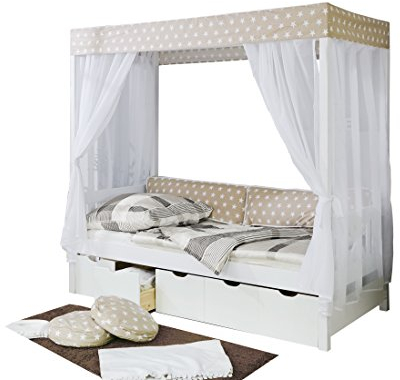 Himmelbett Maria Massivholz Kiefer inkl.Tüll-Set Braun Weiß