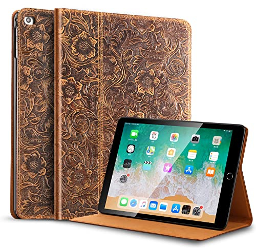Gexmil Leder Hülle für iPad 9,7 Zoll 6./5. Generation 2018/2017-iPad Air 2/1 Gen. Echt Leder Cover Stoßfest,Anti-Fingerabdruck,Automatischer Schlaf/Aufwachen,Einstellbarer Ständer,Blume Braun