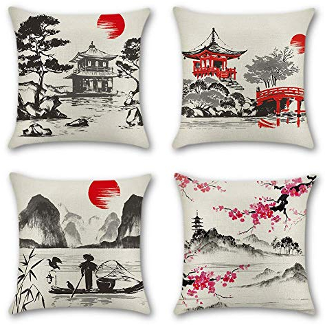 Artscope 4er-Set Dekorativ Kissenbezug 45 x 45 cm, Polyester Leinen Kissenbezüge Dekokissen Kissenhülle Set Kissen Fall für Sofa Auto Schlafzimmer Zuhause Dekor (Japanischer Stil)
