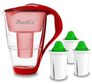 PearlCo - Carafe avec filtre à eau en verre - rouge - 3 cartouches Alkaline classic incluse (compatible avec Brita Classic)