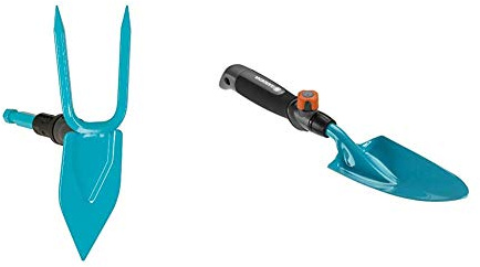 Gardena combisystem-Gartenhacke: Hacke mit herzförmigem Blatt, 2 Zinken, 7 cm Arbeitsbreite & combisystem-Blumenkelle: Gartenschaufel für An- und Umpflanzarbeiten, Arbeitsbreite 8.5 cm