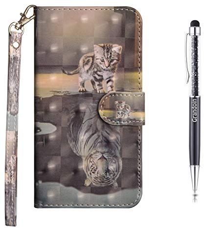Grandoin Kompatibel mit Samsung Galaxy A51 Hülle, 3D PU Leder Etui Flip Cover Bunte Muster Book Case Schutzhülle Handytasche Handyhülle [Ständer Kartenfach] [Magnetverschluss] (Katze Und Tiger)