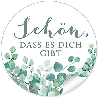 24 STICKER Schön, dass es dich gibt Etiketten als Danksagung EUKALYPTUS ZWEIGE GRÜN MINT WEIß als Siegel für Briefumschläge Anhänger oder Briefe zur Hochzeit Geburtstag Taufe, 4 cm, rund, matt