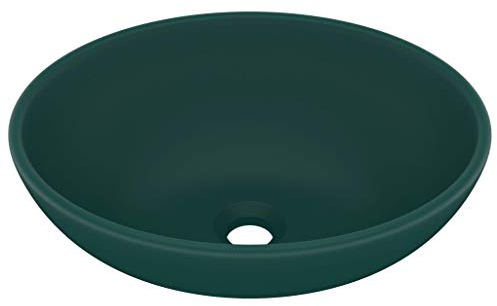 vidaXL Luxuriöses Waschbecken Oval mit Abflussloch Waschschale Aufsatzwaschbecken Waschtisch Waschplatz Handwaschbecken Matt Dunkelgrün 40x33cm Keramik