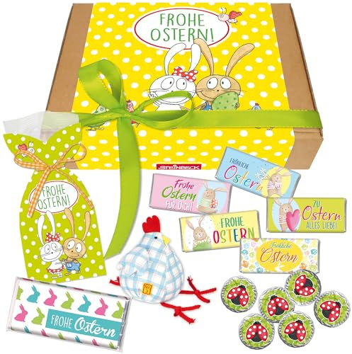 STEINBECK Ostern Geschenkbox Schokolade Fruchtgummi Stoff-Huhn Mitbringsel Osternest Osterhase Taler