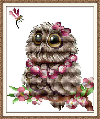DIY gestempeltes Kreuzstich-Stickset, komplettes Sortiment an vorgedruckten Starter-Sets für Anfänger - Eulen und Libellen 24 x 28 cm