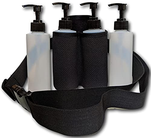 Earth's Essentials Insulated Double Bottle Holster with Belt for Massage Oils & Lotions - Includes (4) 8 Ounce Bottles / (4) Pumps / (4) Disc Caps