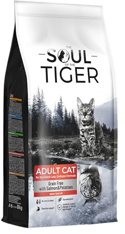 The Soul of the Tiger - Trockenfutter für ausgewachsene Katzen, getreidefrei mit Lachs und Kartoffeln, für kastrierte Katzen, schonende Rezeptur, 8 kg