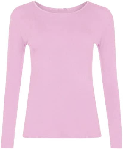 New Ladies Long Sleeve Round Neck Plain Basic Women's Stretch T-Shirt (Pink, 12)