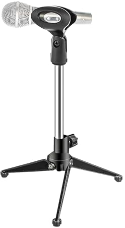 Premium Mini Microphone Stand Tripod Universal Adjustable Desk Microphone Stand Portable Foldable Table Top Desktop Stand with Small Plastic Microphone Clip 5 Core