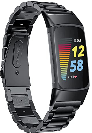 Bracelet de rechange compatible avec Fitbit Charge 5 Bracelet en acier inoxydable pour traqueur d'activité Charge 5 (Noir)
