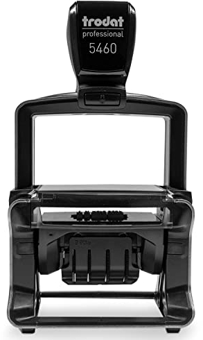 Betriebsausstattung24® Wunsch-Textplatte inkl. Automatik Datumstempel | Abdruckfläche: 56 x 33,0 mm bis zu 4 Zeilen | Selbstfärbend | Abdruckfarbe: schwarz | Material:Edelstahl