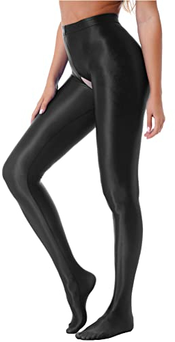 Alvivi Damen Strumpfhosen Glanz Leggings Tight Ouvert Hose Lange Unterhosen Unterwäsche Dessous Reizwäsche Schlafhose Schwarz XL