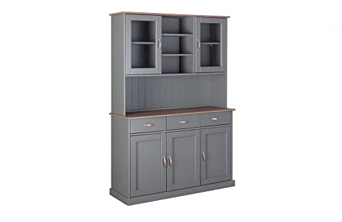 Dmora Sideboard mit 3 geschlossenen Türen, 2 Vitrinen und 3 Schubladen, aus grau lackiertem massivem Kiefernholz mit brauner Oberseite und Oberflächen, 131x45x191 cm