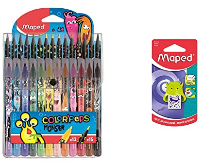 Maped 984718 - Stifte-Set COLOR'PEPS MONSTER Filzstifte x12 + Buntstifte x15, mehrfarbig, 27 Stück (1er Pack) & - Radierer MONSTER - verschiedene Designs, farbig sortiert