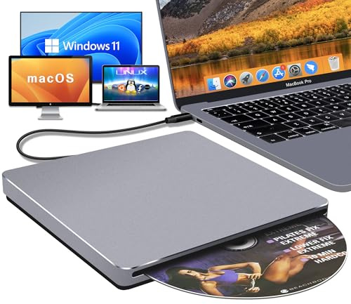 NOLYTH Lecteur CD DVD externe Plug & Play pour ordinateur portable, Mac, MacBook, PC, Windows – Graveur USB C portable haute vitesse pour sauvegarde de musique/film/données – Aluminium avec adaptateur